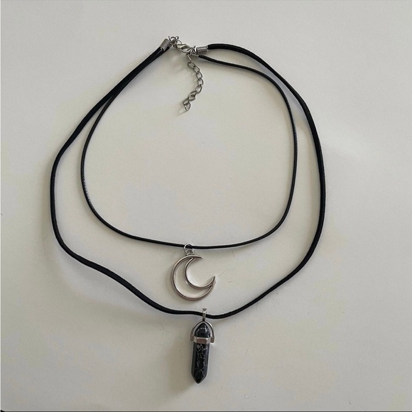 Dual Stranded Crescent Moon & Black Howlite Hexagonal Pendant Necklace - Picture 2 of 3